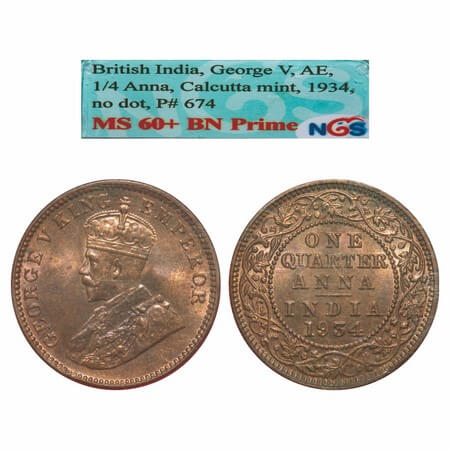 George V, Bronze, Quarter Anna, 1934, Calcutta Mint, No dot, Elephant. F. Prid 1194. 674. 
