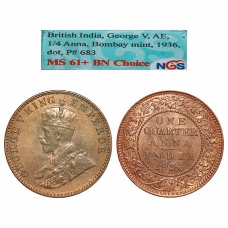 George V, Bronze, Quarter Anna, 1936, Bombay Mint, Dot, Elephant. F. Prid. 683. GK 1196. N