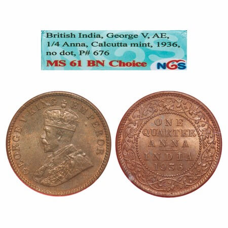 George V, Bronze, Quarter Anna, 1936, Calcutta Mint, No dot, Elephant. F. Prid. 676. GK 11