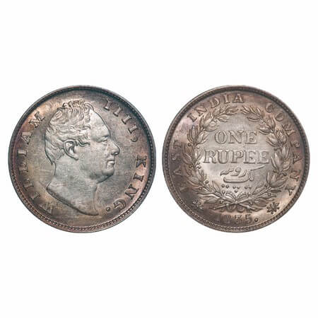 William IV, Silver, Rupee, 1835, Calcutta Mint, A/I, 'F' raised, Rev aligned, With Two lea