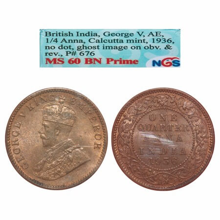 George V, Bronze, Quarter Anna, 1936, Calcutta Mint, No dot, Elephant, Ghost image on Obv 
