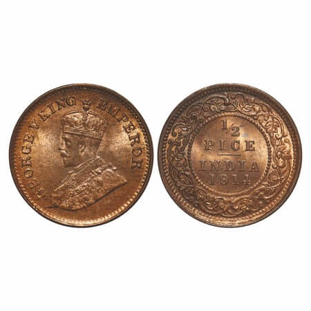 George V, Bronze, 1/2 Pice, 1914, Calcutta Mint, No mint mark. F. Prid 747. GK 1200. Brill