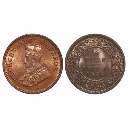 George V, Bronze, 1/2 Pice, 1916, Calcutta Mint, No mint mark. F. Prid 749. GK 1202. Mint 