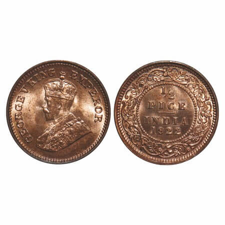 George V, Bronze, 1/2 Pice, 1922, Calcutta Mint, No mint mark. F. Prid 755. GK 1208. Brill