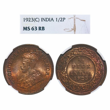 George V, Bronze, 1/2 Pice, 1923, Calcutta Mint, No mint mark. F. Prid 756. GK 1209. NGC S