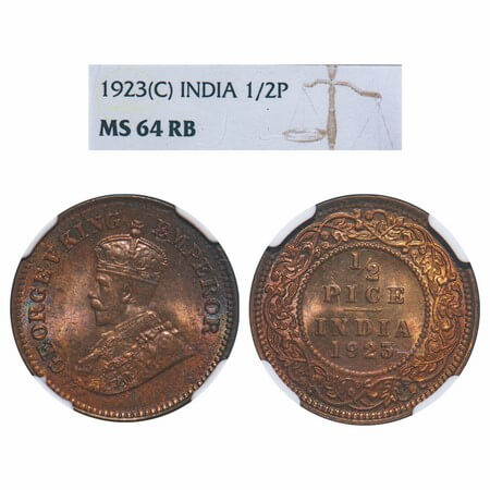 George V, Bronze, 1/2 Pice, 1923, Calcutta Mint, No mint mark. F. Prid 756. GK 1209. NGC S