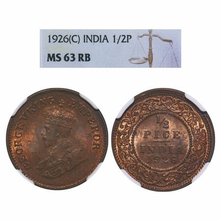 George V, Bronze, 1/2 Pice, 1926, Calcutta Mint, No mint mark. F. Prid 759. GK 1212. NGC S