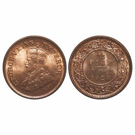 George V, Bronze, 1/2 Pice, 1928, Calcutta Mint, No mint mark, Ghost and die crack on Obv.