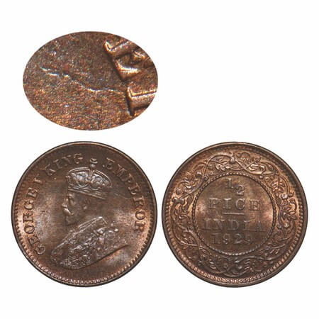 George V, Bronze, 1/2 Pice, 1929, Calcutta Mint, No mint mark, Error, Struck through Error