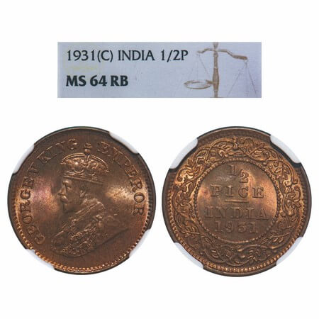 George V, Bronze, 1/2 Pice, 1931, Calcutta Mint, No mint mark. F. Prid 764. GK 1217. NGC S