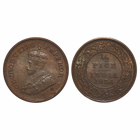 George V, Bronze, 1/2 Pice, 1934, Calcutta Mint, No mint mark. F. Prid 767. GK 1220. Uncir
