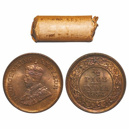 George V, Bronze, 1/2 Pice, (Roll of 24 coins), 1934, Calcutta Mint, No Mint mark. 24 coin