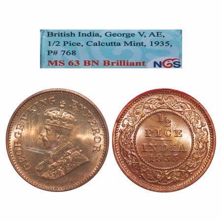 George V, Bronze, 1/2 Pice, 1935, Calcutta Mint, No mint mark. F. Prid 768. GK 1221. NGS S