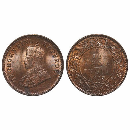 George V, Bronze, 1/12 Anna, 1913, Calcutta Mint, No dot, Die crack on Obv. F. Prid 828. G