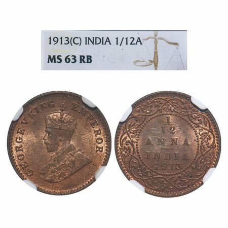 George V, Bronze, 1/12 Anna, 1913, Calcutta Mint, No dot. F. Prid 828. GK 1224. NGC Slabbe