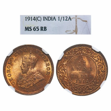 George V, Bronze, 1/12 Anna, 1914, Calcutta Mint, No dot. F. Prid 829. GK 1225. NGC Slabbe