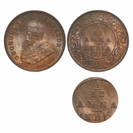 George V, Bronze, 1/12 Anna, 1915, Calcutta Mint, No dot, Complete skull ghost on Rev. F. 