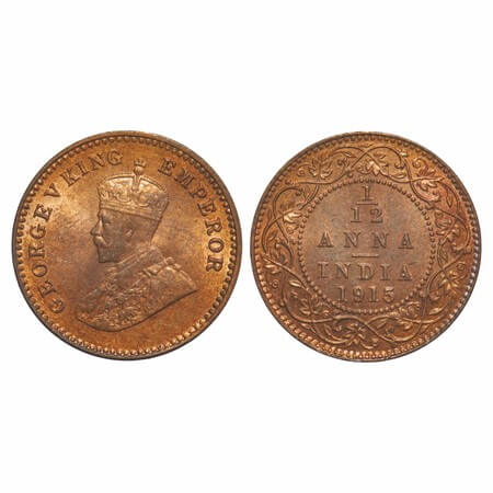 George V, Bronze, 1/12 Anna, 1915, Calcutta Mint, No dot. F. Prid 830. GK 1226. Mint State