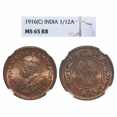 George V, Bronze, 1/12 Anna, 1916, Calcutta Mint, No dot. F. Prid 831. GK 1227. NGC Slabbe