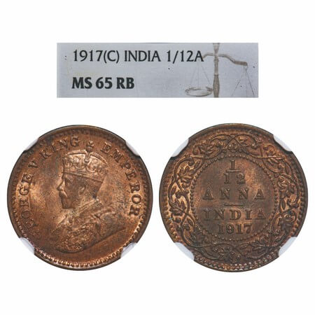 George V, Bronze, 1/12 Anna, 1917, Calcutta Mint, No dot. F. Prid 832. GK 1228. NGC Slabbe