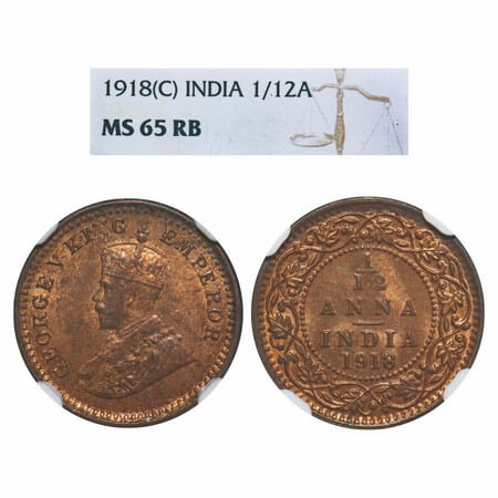 George V, Bronze, 1/12 Anna, 1918, Calcutta Mint, No dot. F. Prid 833. GK 1229. NGC Slabbe
