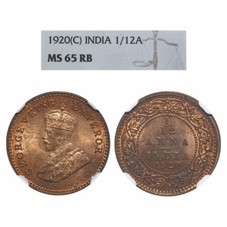 George V, Bronze, 1/12 Anna, 1920, Calcutta Mint, No dot. F. Prid 835. GK 1231. NGC Slabbe