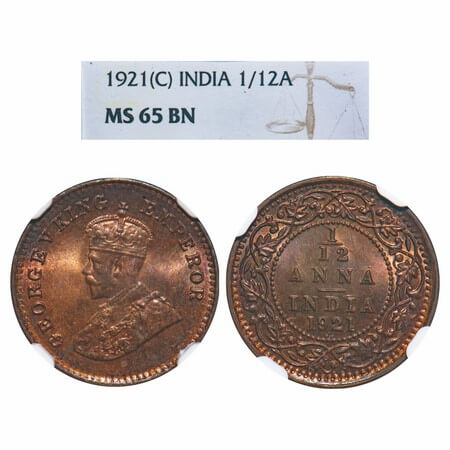 George V, Bronze, 1/12 Anna, 1921, Calcutta Mint, No dot. F. Prid 836. GK 1232. NGC Slabbe