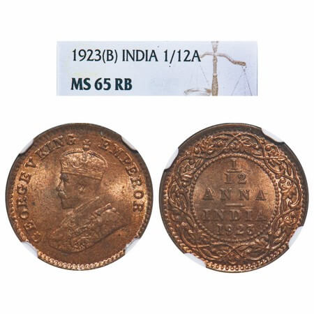 George V, Bronze, 1/12 Anna 1923, Bombay Mint, Dot. F. Prid 851. GK 1233. NGC Slabbed MS 6