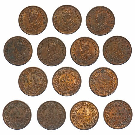 George V, Bronze, 1/12 Anna, ( lot of 7 coins), 1924, 1925, 1926(3), 1927, 1928, Bombay Mi
