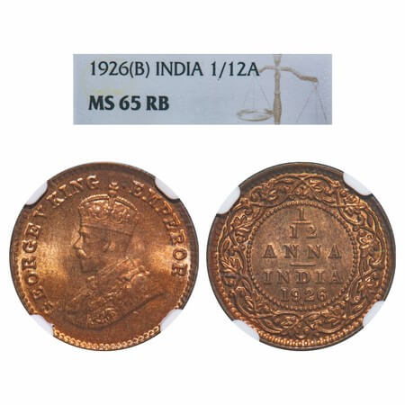 George V, Bronze, 1/12 Anna, 1926, Bombay Mint, Dot. F. Prid 854. GK 1239. NGC Slabbed MS 