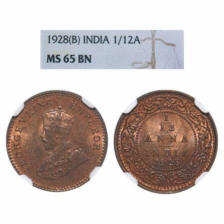 George V, Bronze, 1/12 Anna, 1928, Bombay Mint, Dot. F. Prid 856. GK 1243. NGC Slabbed MS 