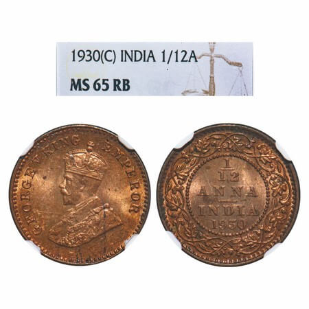 George V, Bronze, 1/12 Anna, 1930, Calcutta Mint, No dot. F. Prid 844. GK 1246. NGC Slabbe