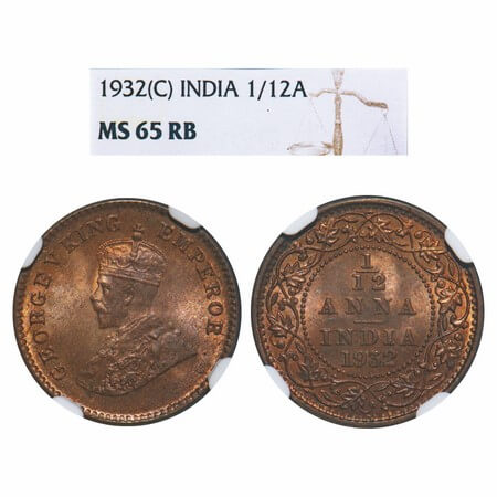 George V, Bronze, 1/12 Anna, 1932, Calcutta Mint, No dot. F. Prid 846. GK 1248. NGC Slabbe