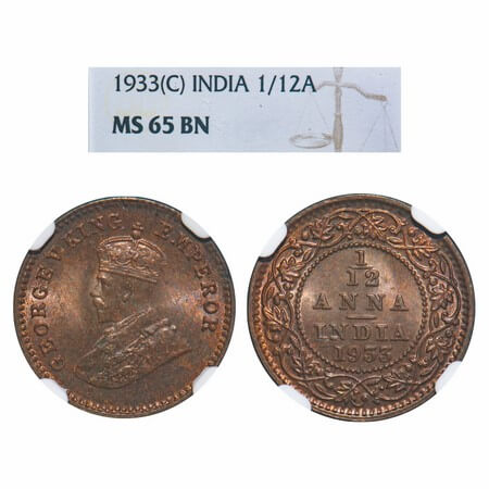 George V, Bronze, 1/12 Anna, 1933, Calcutta Mint, No dot. F. Prid 847. GK 1249. NGC Slabbe
