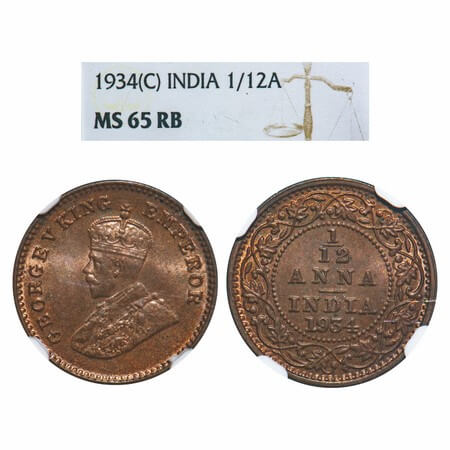 George V, Bronze, 1/12 Anna, 1934, Calcutta Mint, No dot. F. Prid. GK 1250. NGC Slabbed MS