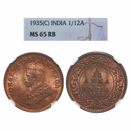 George V, Bronze, 1/12 Anna, 1935, Calcutta Mint, No dot. F. Prid. GK 1251. NGC Slabbed MS