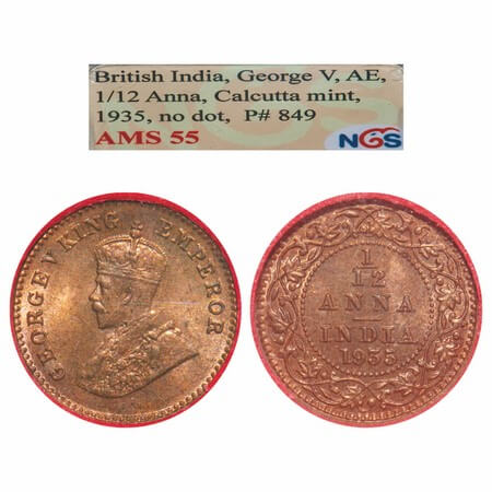 George V, Bronze, 1/12 Anna, 1935, Calcutta Mint, No dot. F. Prid 849. GK 1251. NGS Slabbe