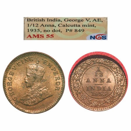 George V, Bronze, 1/12 Anna, 1935, Calcutta Mint, No dot. F. Prid. 849. GK 1251. NGS Slabb