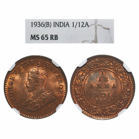 George V, Bronze, 1/12 Anna, 1936, Bombay Mint, Dot. F. Prid 857. GK 1252. NGC Slabbed MS 