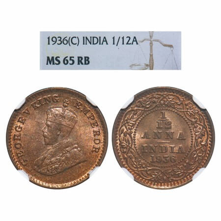 George V, Bronze, 1/12 Anna, 1936, Calcutta Mint, No dot. F. Prid 850. GK 1253. NGC Slabbe