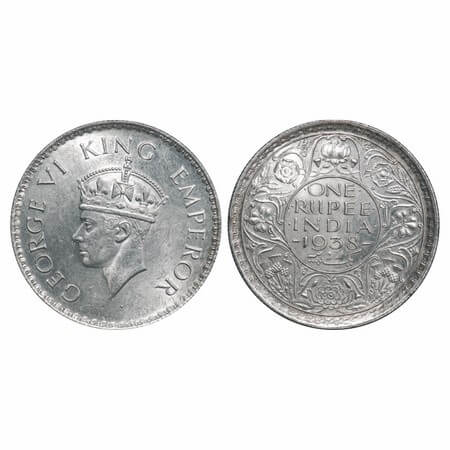 George VI, Silver, Rupee, 1938, Bombay Mint, A/I, No dot, Milled edge. F. Prid 233. GK 125