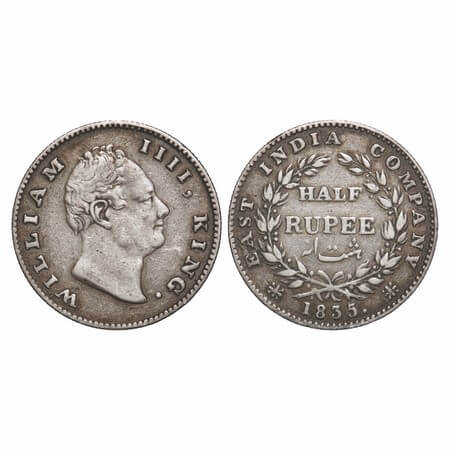 William IV, Silver, Half Rupee, 1835, Calcutta Mint, A/I(ii), 'F' incused, With Two leaves