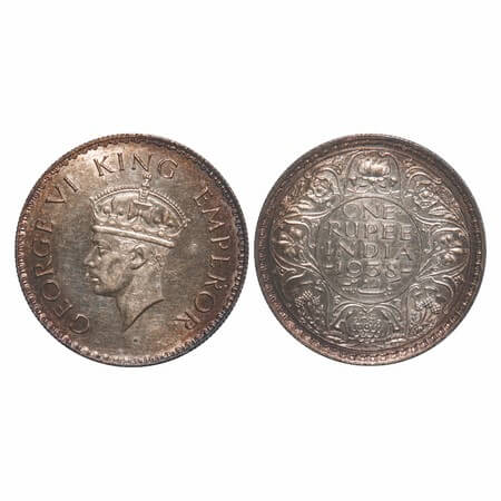 George VI, Silver, Rupee, 1938, Bombay Mint, A/I, Dot, Milled edge. F. Prid 234. GK 1255. 