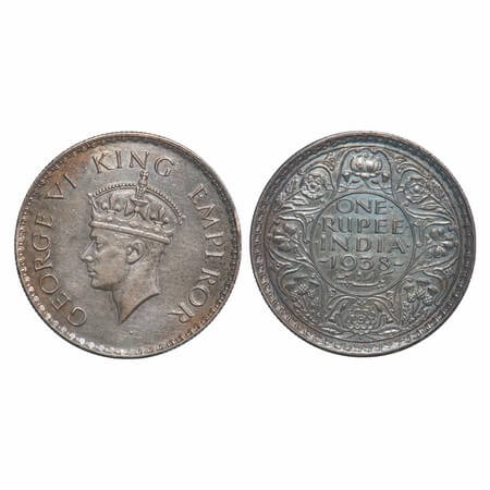 George VI, Silver, Rupee, 1938, Bombay Mint, A/I, Dot, Milled edge. F. Prid 234. GK 1255. 