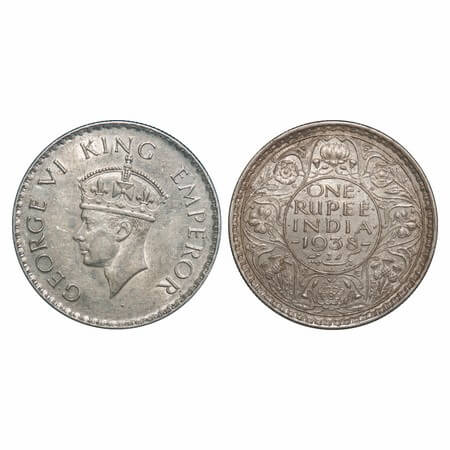 George VI, Silver, Rupee, 1938, Bombay Mnt, A/I, Dot, Milled edge. F. Prid 234. GK 1255. U