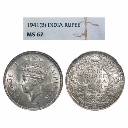 George VI, Half Silver, Rupee, 1941, Bombay Mint, A(a)/I, Dot, Security edge, Rev boarder 