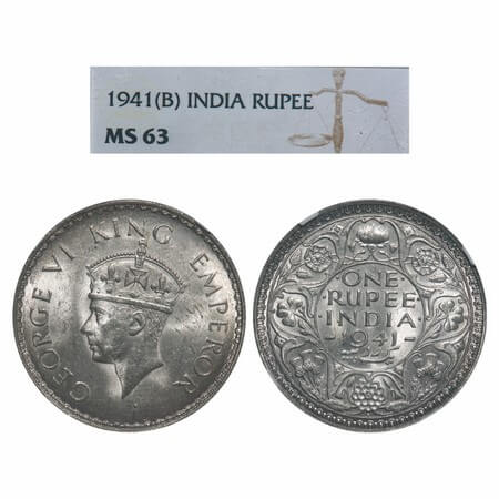 George VI, Half Silver, Rupee, 1941, Bombay Mint, A(a)/I, Dot, Security edge, Rev boarder 