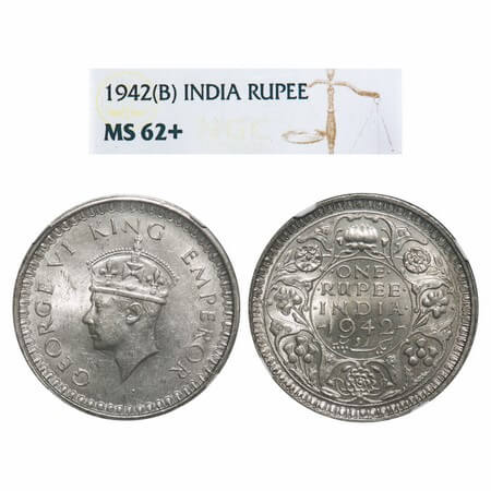 George VI, Half Silver, Rupee, 1942, Bombay Mint, B(a)/II, Diamond, Security edge. F. Prid