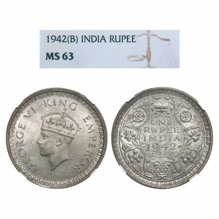 George VI, Half Silver, Rupee, 1942, Bombay Mint, B(a)/II, Diamond, Security edge, The fir