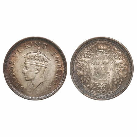 George VI, Half Silver, Rupee, 1943, Bombay Mint, A(b)/II, Diamond, Security edge, Large 3